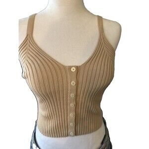 AERIE Beige STRETCHY Rib Knit BUTTON DETAIL Cropped PULLOVER Sweater Cami Tank S